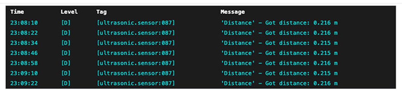 Log di ESPHome con le righe Got distance in metri